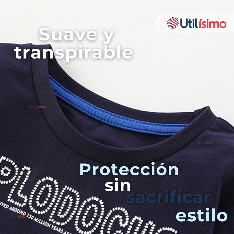 Polera Manga Larga Niño 100% Algodón Dinosaurio Azul Camiseta