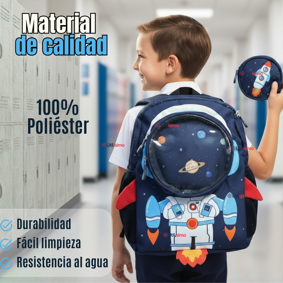 Mochila Escolar Con Estuche 33cm Poliéster Impermeable Astronauta Niño