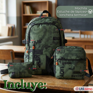 Mochila Escolar + Estuche + Lonchera 49cm Tela Oxford Verde Militar Niño