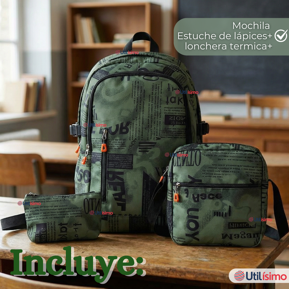 Mochila Escolar + Estuche + Lonchera 49cm Tela Oxford Verde Militar Niño