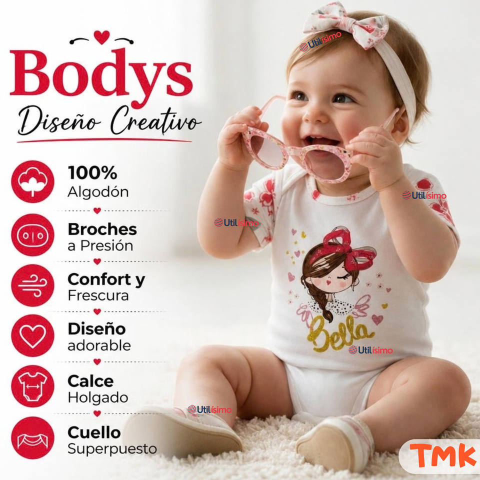 Pack 5 Bodys Manga Corta %100 Algodón Tedmimak Niña Lovely Bella
