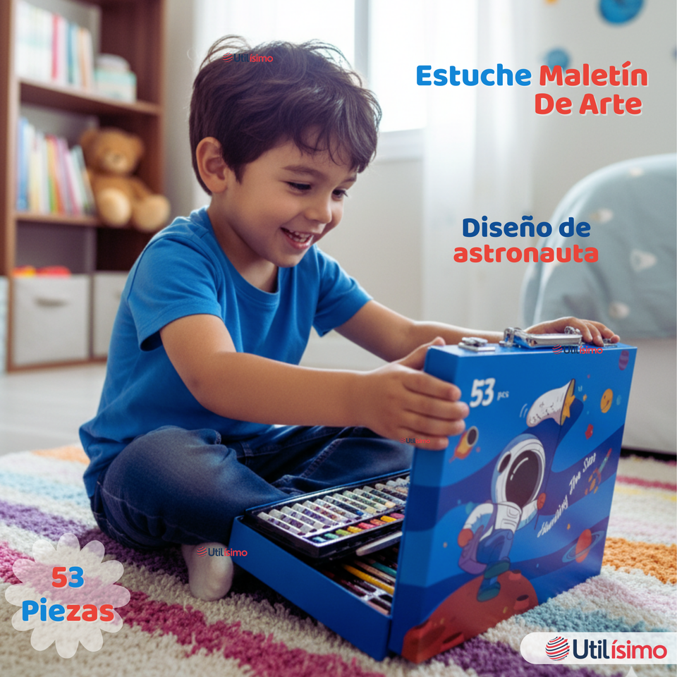Maletín Set De Arte 53 Piezas Estuche Para Dibujar Y Pintar Niño Astronauta