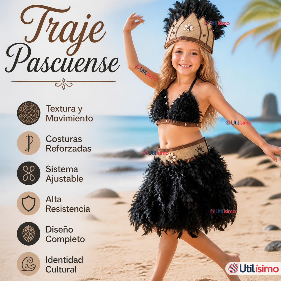 Traje Pascuense Típico Negro Con Plumas 3 Piezas Niña Rapa Nui Fiestas Patrias