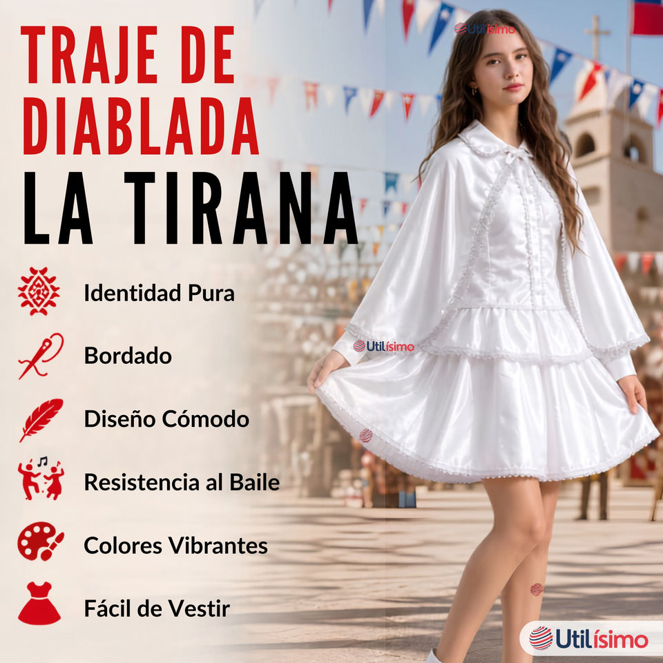 Traje Tirana Diablada Blanco 3 Piezas Juvenil Baile Típico Fiestas Patrias