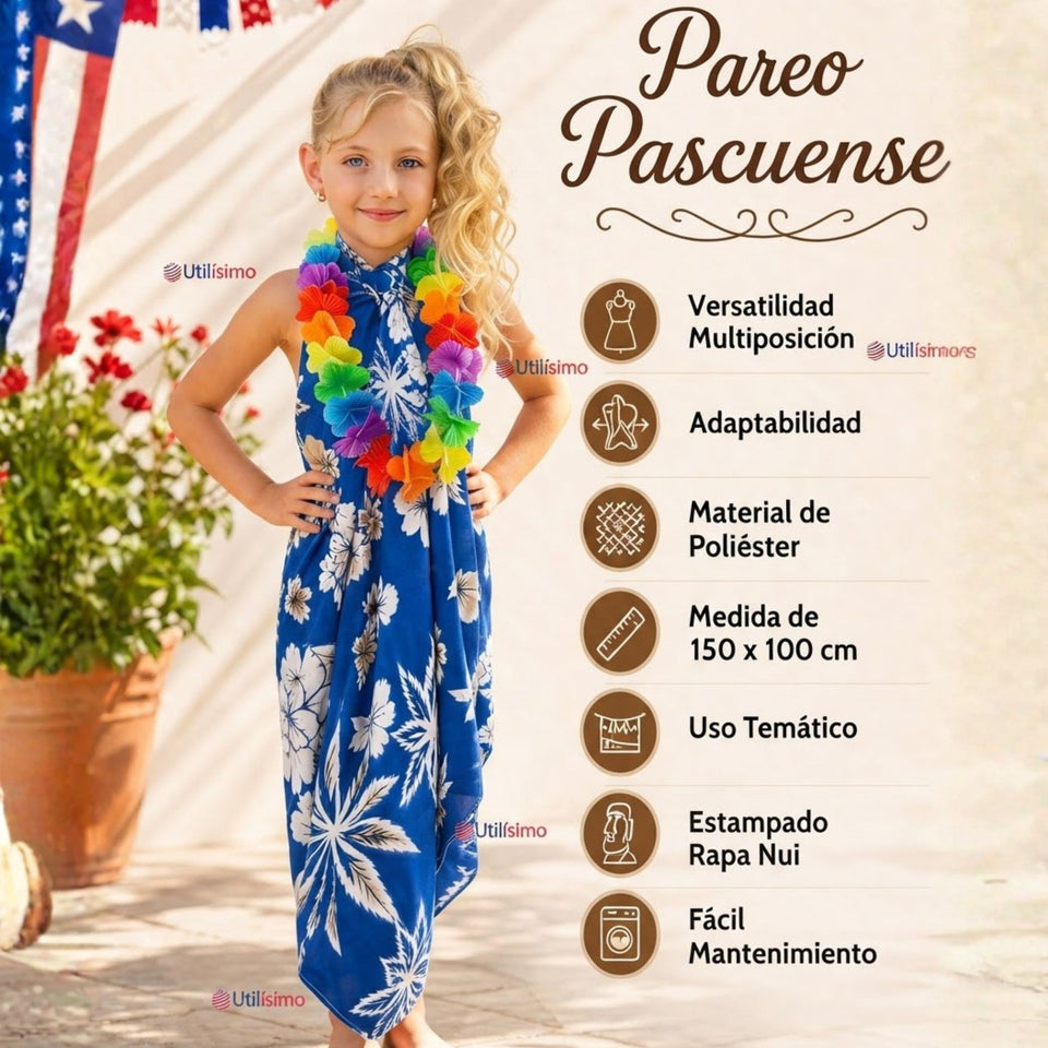 Traje Pareo Pascuense Hawaiano Azul con Collar Niña Fiestas Patrias