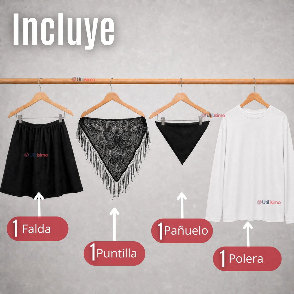 Traje Chilote Juvenil Negro Fiestas Patrias Con Polera 4 Piezas Tradicional Chilota