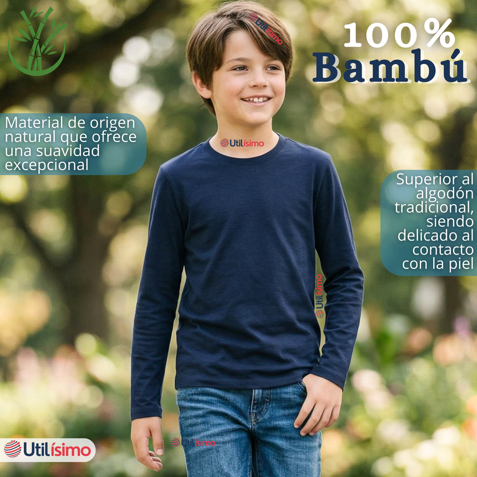Pack 3 Poleras Camisetas Bambú Azul Oscuro Cuello Redondo Primera Capa Manga Larga Niño