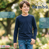 Pack 3 Poleras Camisetas Bambú Azul Oscuro Cuello Redondo Primera Capa Manga Larga Niño