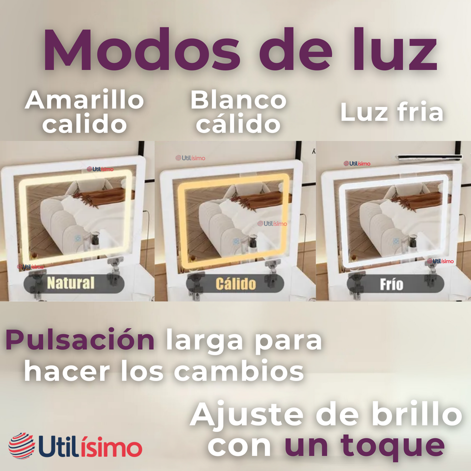 Tocador De Lujo Plegable Con Taburete Y Espejo De luz Ajustable 4 Cajones MDF Blanco  80x40x40cm