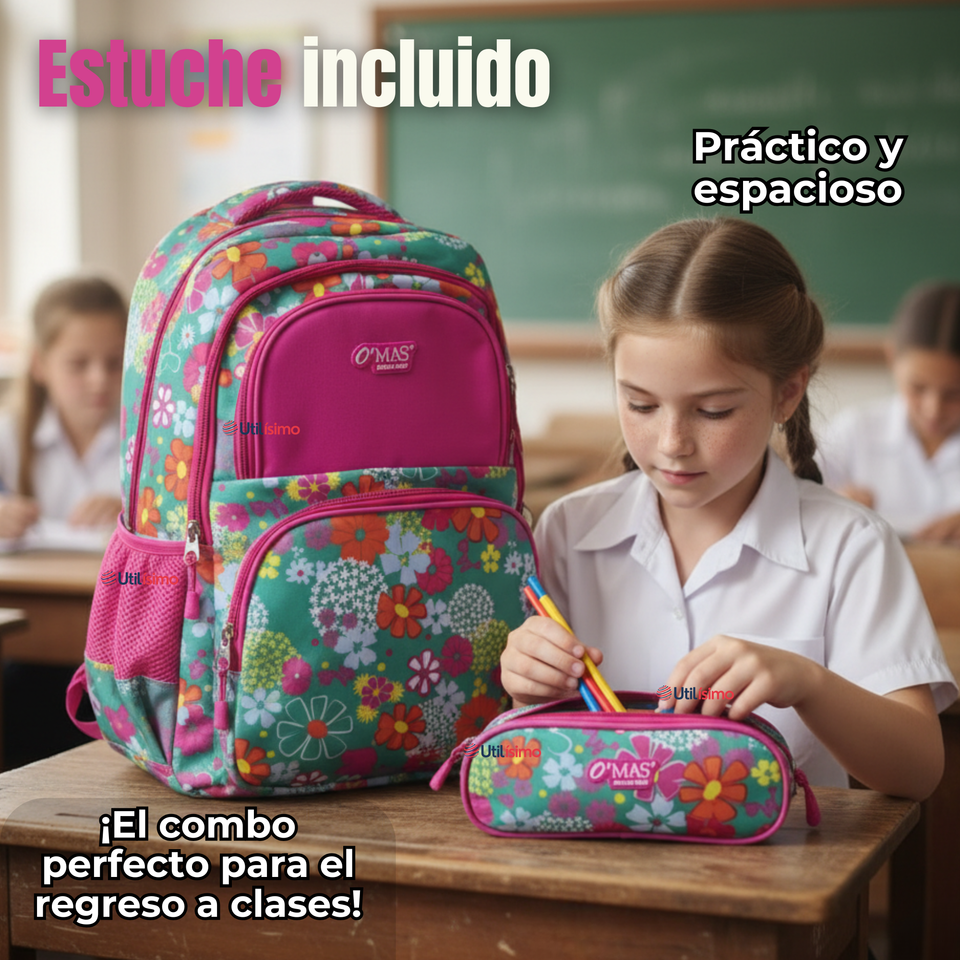 Mochila Escolar Kit Con Estuche y Lonchera 43cm Tela Oxford Niña