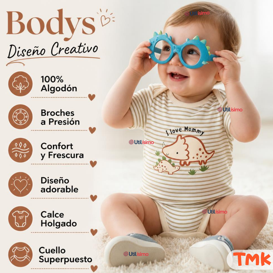 Pack 5 Bodys Manga Corta %100 Algodón Tedmimak Niño Dino Explorer