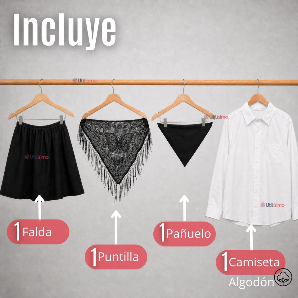 Traje Chilote Niña Negro Fiestas Patrias Con Camisa 4 Piezas Tradicional Chilota