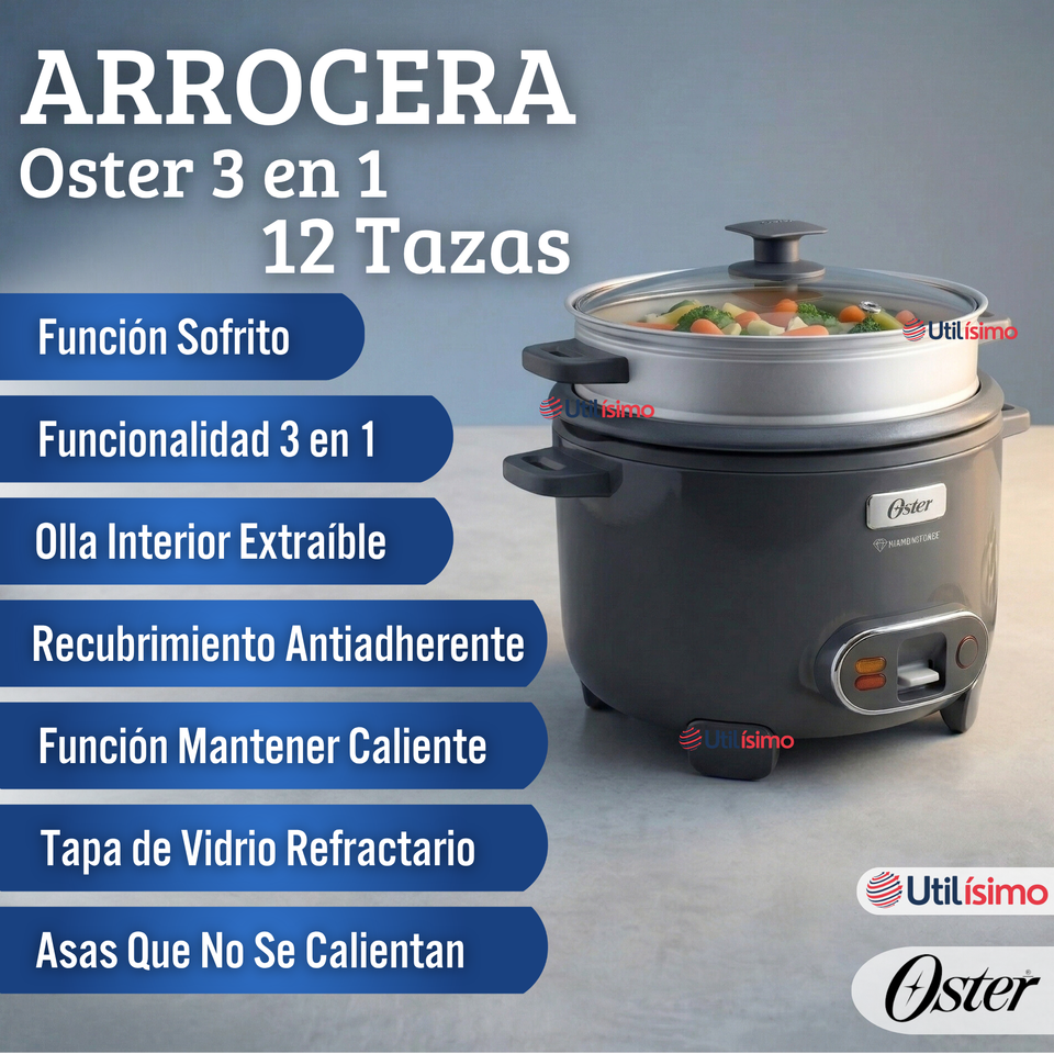 Oster Arrocera, 3 En 1, 12 Tazas Capacidad, Función Sofrito, Vaporera, Recubrimiento Antiadherente Oster DiamondForce,