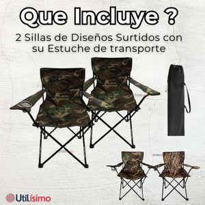 Pack 2 Sillas Plegables de Playa Camping Picnic Con Portavaso Diseños Surtidos