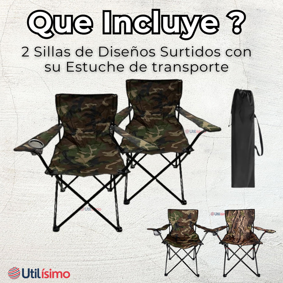 Pack 2 Sillas Plegables de Playa Camping Picnic Con Portavaso Diseños Surtidos