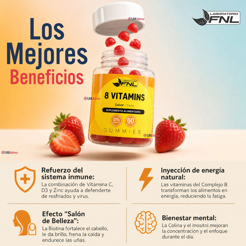 8 Vitamins Gummies 60 Gomitas Sabor Fresa FNL