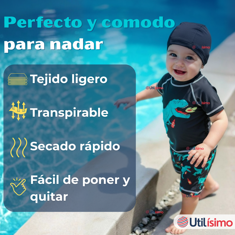 Traje De Baño Con Gorro Polera Pantalón Corto 3 piezas Corte Split Niño de 3 a 9 Años Dino
