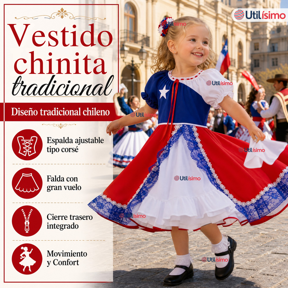 Vestido Chinita Huasa Niña Bandera Chile Fechas Patrias
