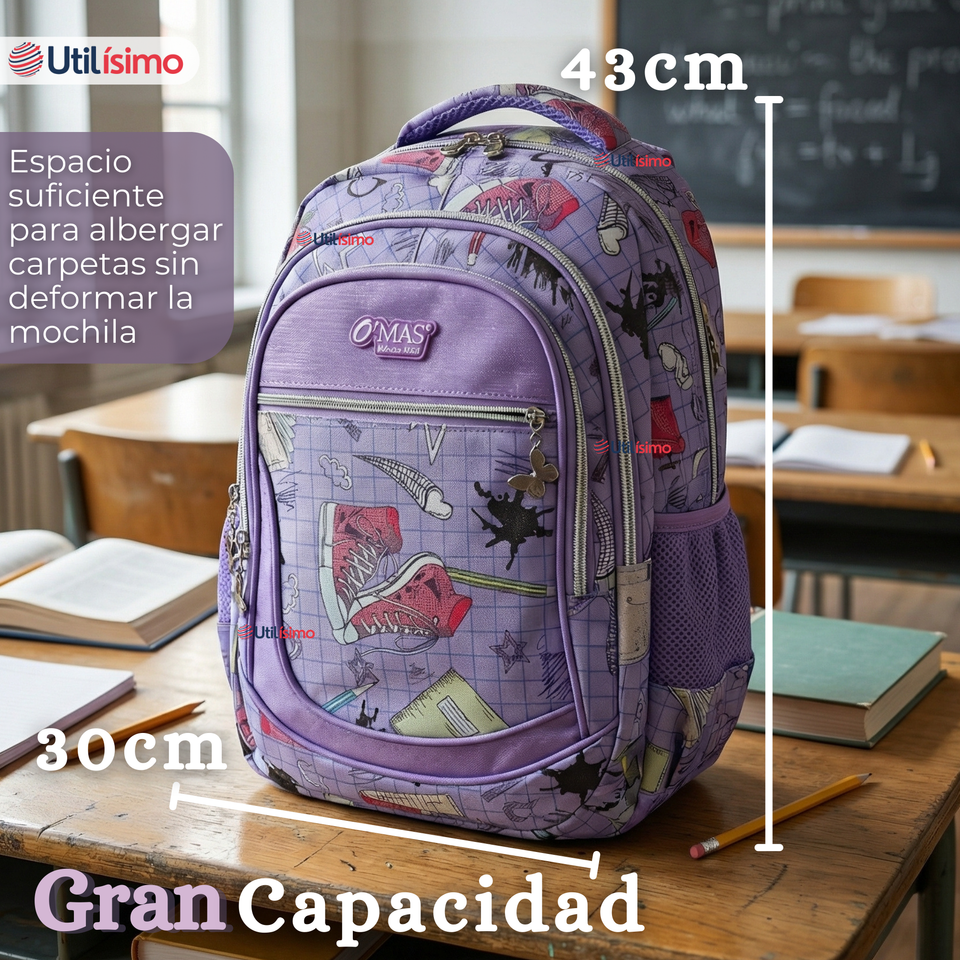 Mochila Escolar Con Estuche 43cm Tela Oxford Lila Niña