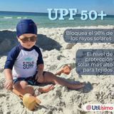 Traje de Baño Con Gorro Pantalón Corto Manga Larga 3 Piezas Corte Split Niño 3 a 9 años Blue Surf