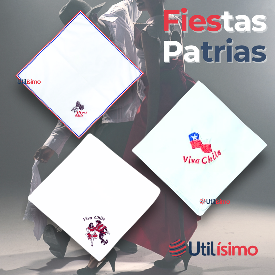 Pack 6 Pañuelos Baile Cueca 45 CM Bordados Fiestas Patrias Surtidos