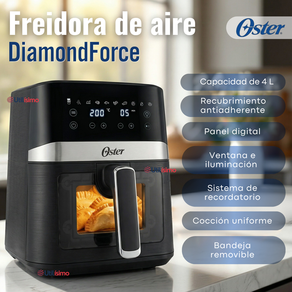 Freidora de aire digital Oster® con recubrimiento Oster® DiamondForce, 4L de capacidad, CKSTAF40WDDF 1300W