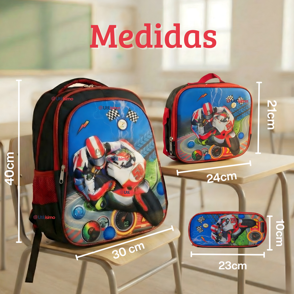 Mochila Escolar Con Ruedas Desmontables Diseño 3D + Estuche + Lonchera Niño Poliéster Motorcycle