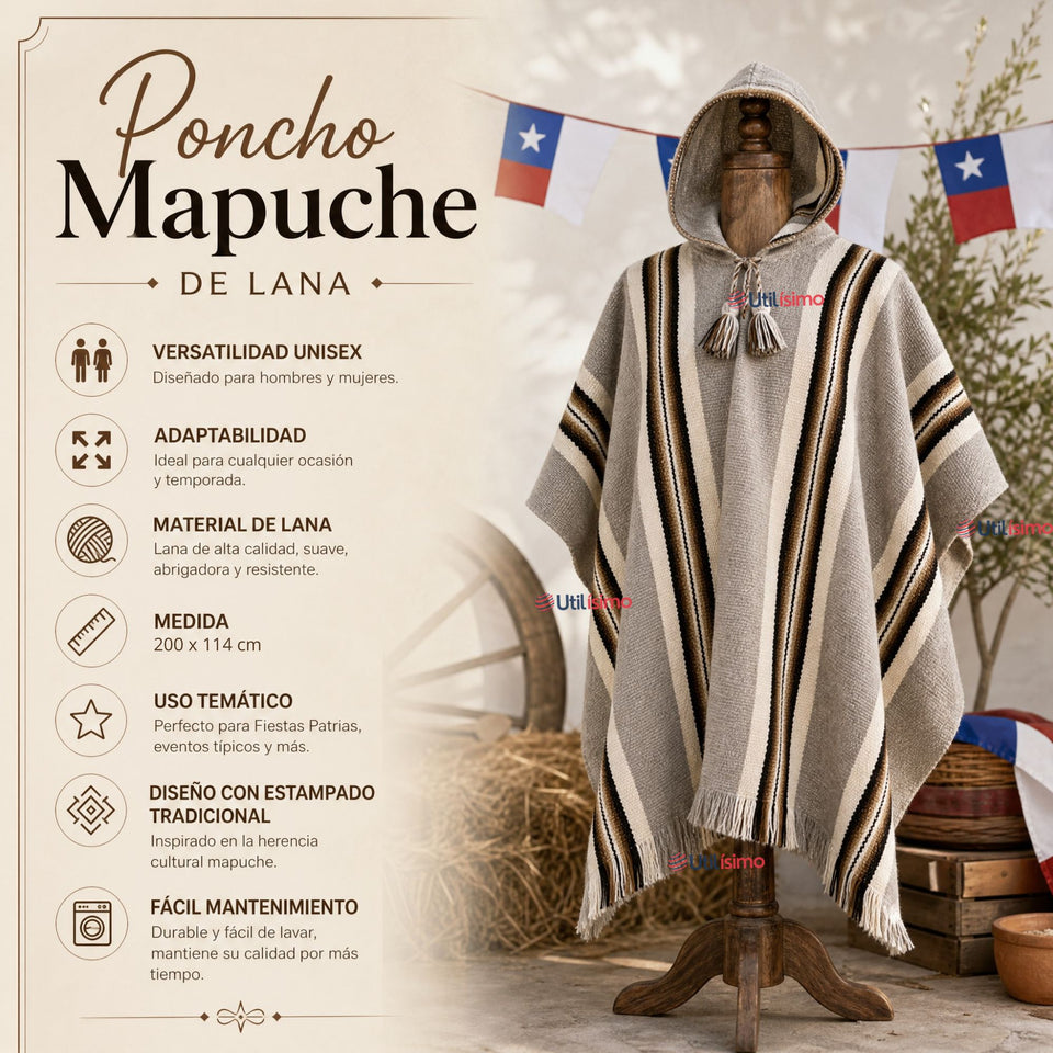 Poncho Mapuche Lana Alpaca Con Capucha Unisex Fiestas Patrias