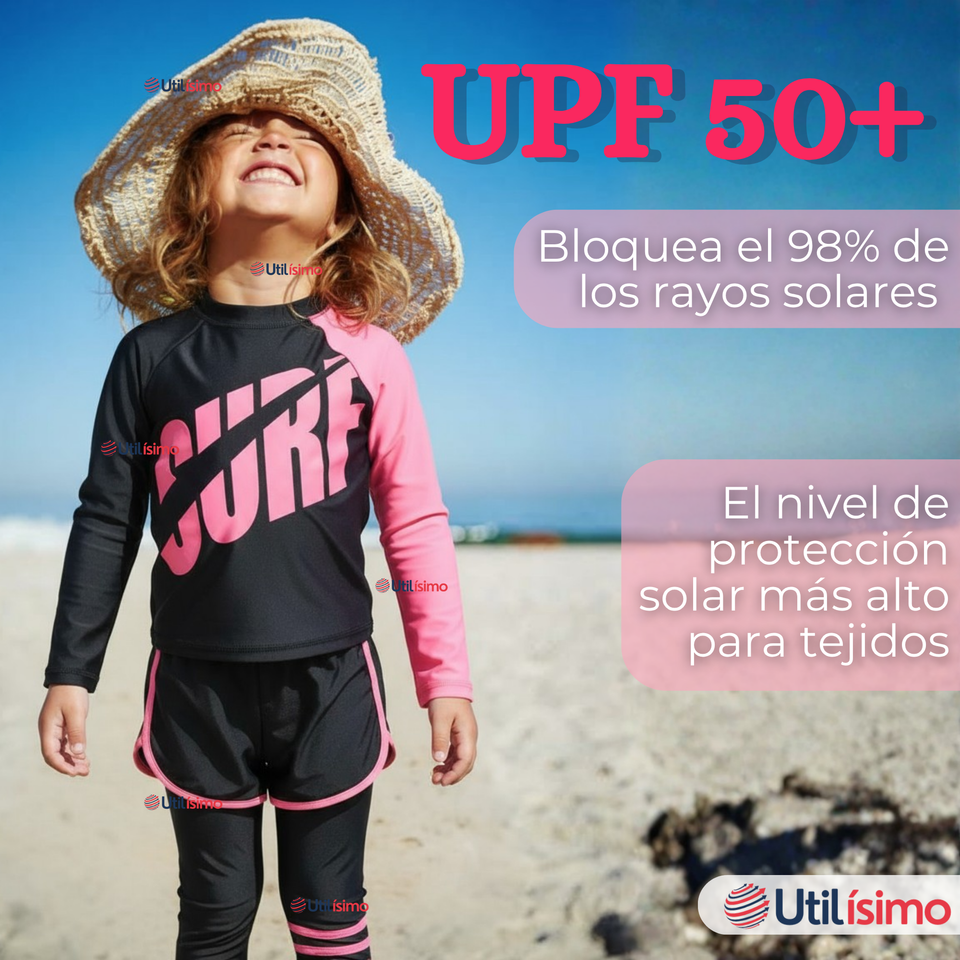 Traje de Baño Manga Larga Pantalón Largo Pantalón Corto 3 Piezas Corte Split Niña 3 a 11 años Black Surf