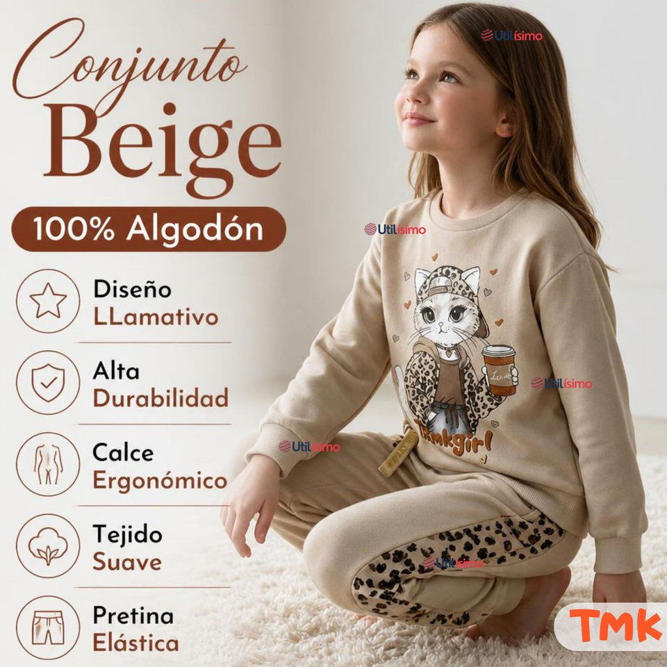 Conjunto 2 Piezas Polerón y Buzo 100% Algodón Tedmimak Niña Cat animal Print