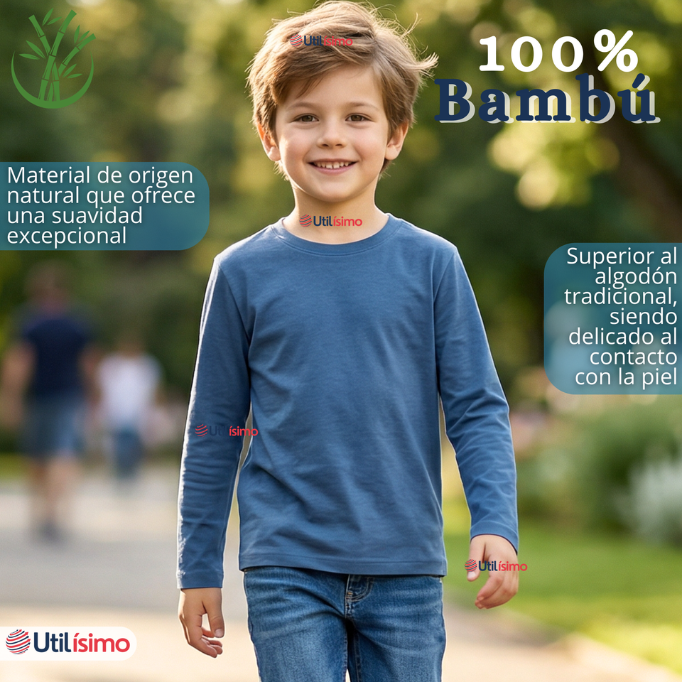 Pack 3 Poleras Camisetas Bambú Claro Oscuro Cuello Redondo Primera Capa Manga Larga Niño