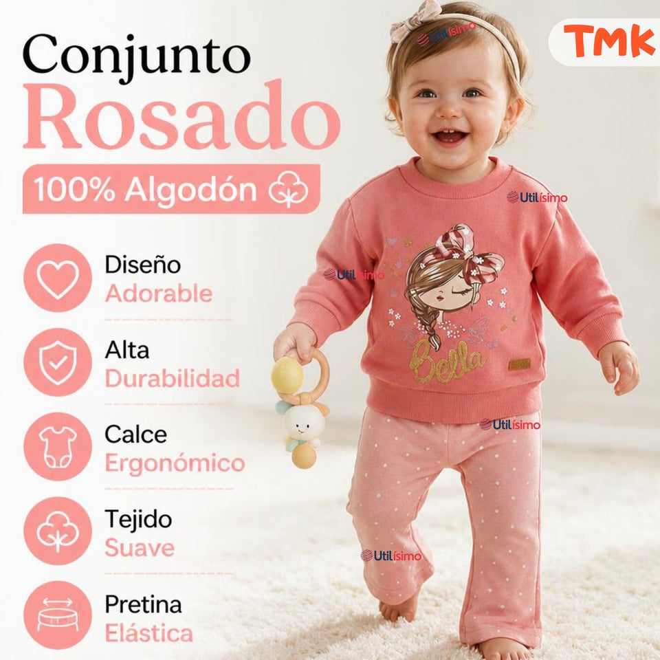 Conjunto 2 Piezas Polerón y Pantalón 100% Algodón Tedmimak Bebé Niña Beautiful pink