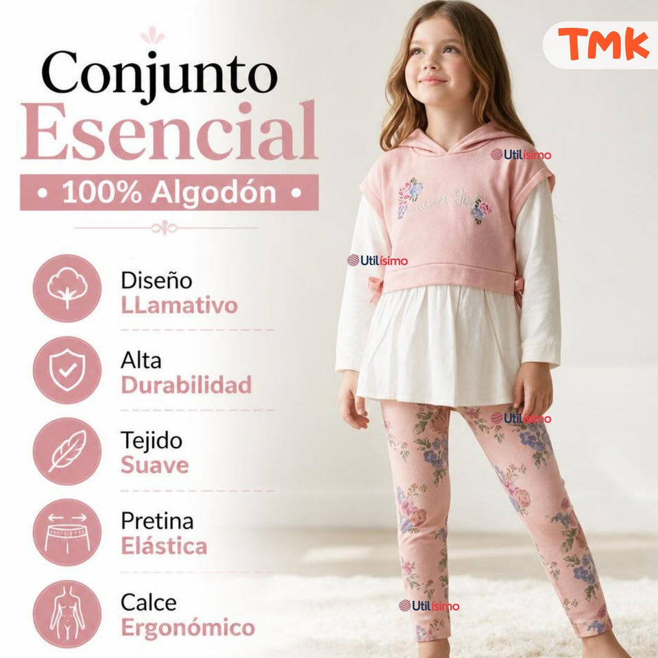 Conjunto 2 Piezas Polerón con Capucha y Pantalón 100% Algodón Niña Tedmimak Sweet flowers