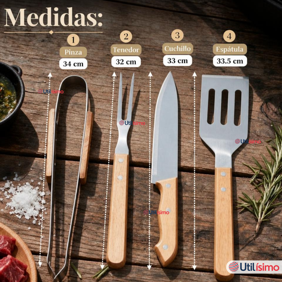 Set Parrilero 4 Piezas Acero Inoxidable Con Estuche Asado Barbacoa Fiestas Patrias