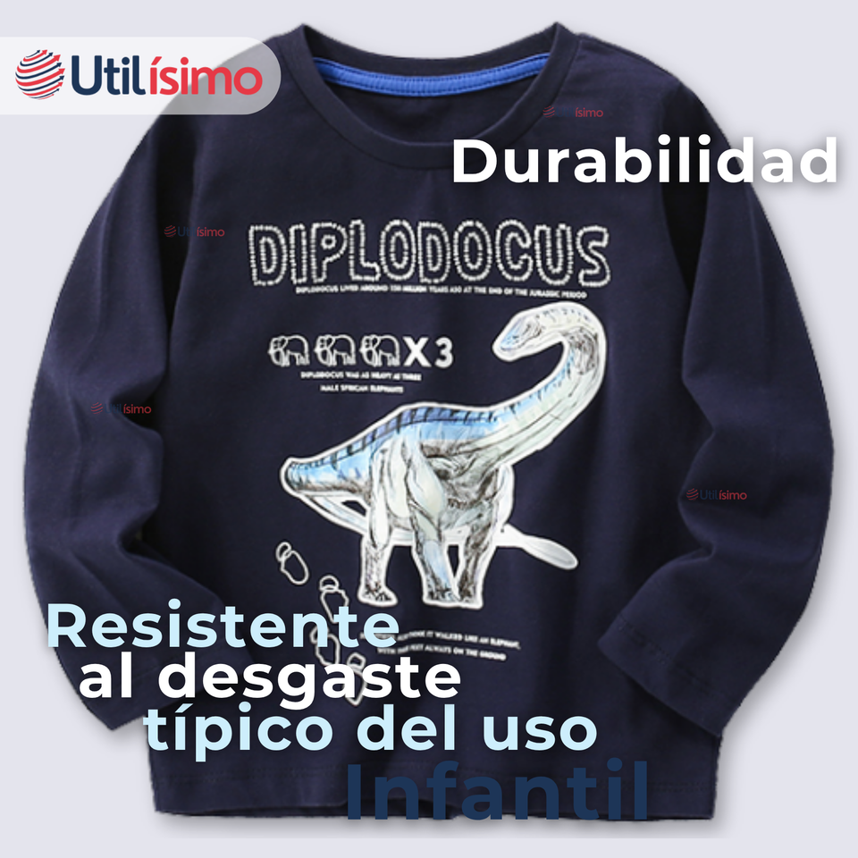 Polera Manga Larga Niño 100% Algodón Dinosaurio Azul Camiseta
