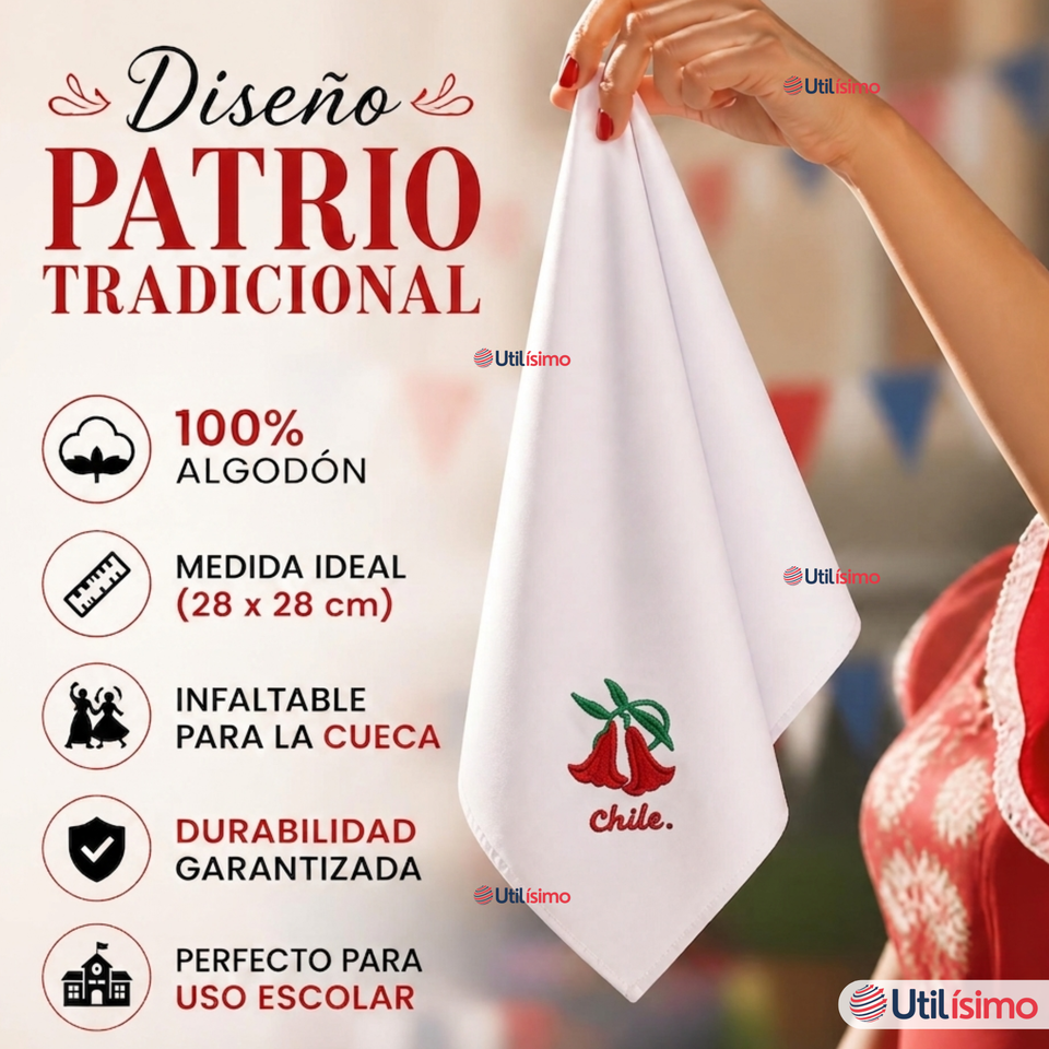 Pack 6 Pañuelos Baile Cueca 28cm Bordado Flor Copihue Algodón Fiestas Patrias