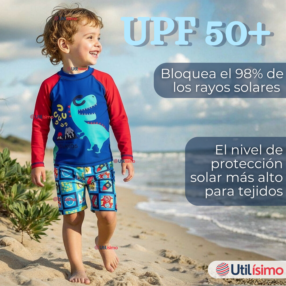 Traje de Baño Manga Larga Pantalón Corto 2 Piezas Corte Split Niño 3 a 9 años Blue Dinosaur