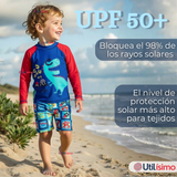 Traje de Baño Manga Larga Pantalón Corto 2 Piezas Corte Split Niño 3 a 9 años Blue Dinosaur