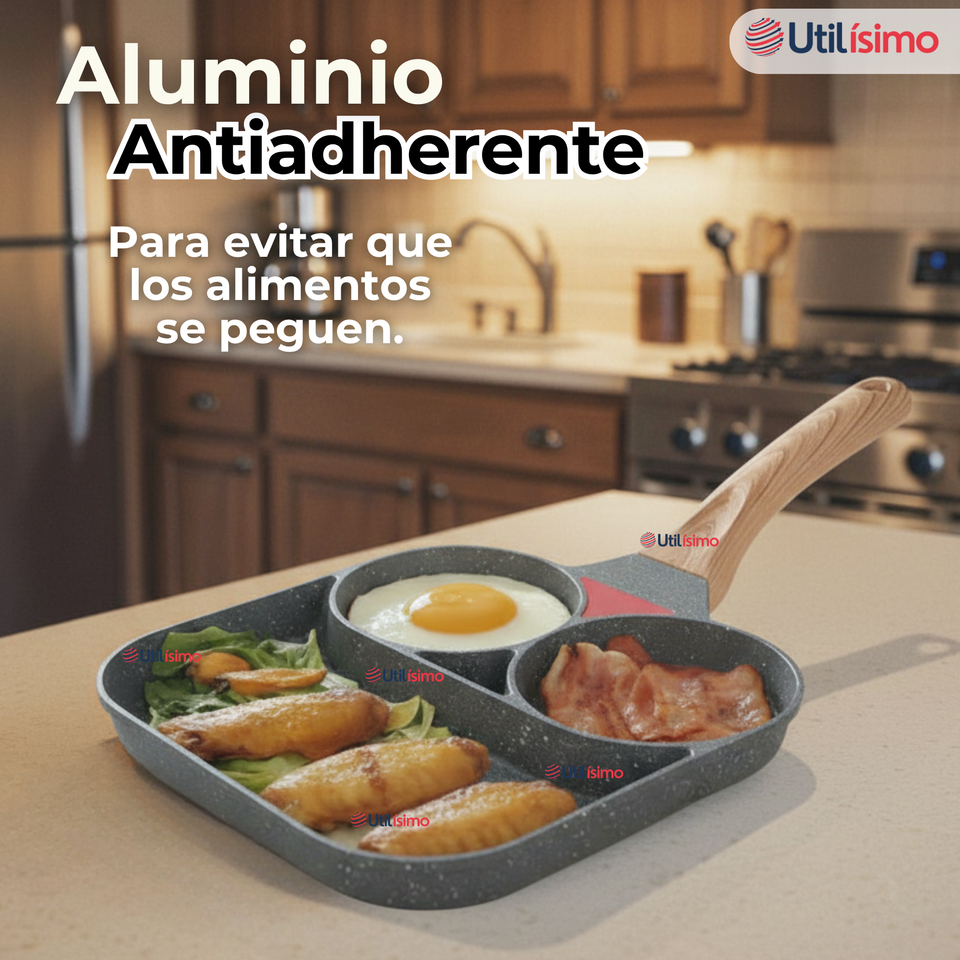 Sartén de Aluminio Antiadherente 3 en 1 Para Huevos Panqueques Hamburguesas
