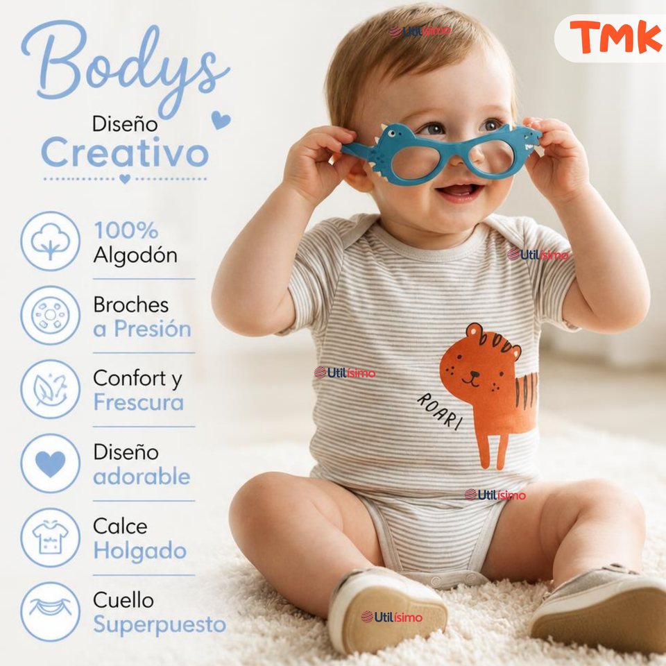 Pack 5 Bodys Manga Corta %100 Algodón Tedmimak Niño Jungle Crew