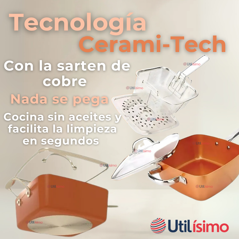 Sartén Antiadherente De Cobre Multiuso 3 en 1 Aceite Profundo Cesta Para Freír Vaporera