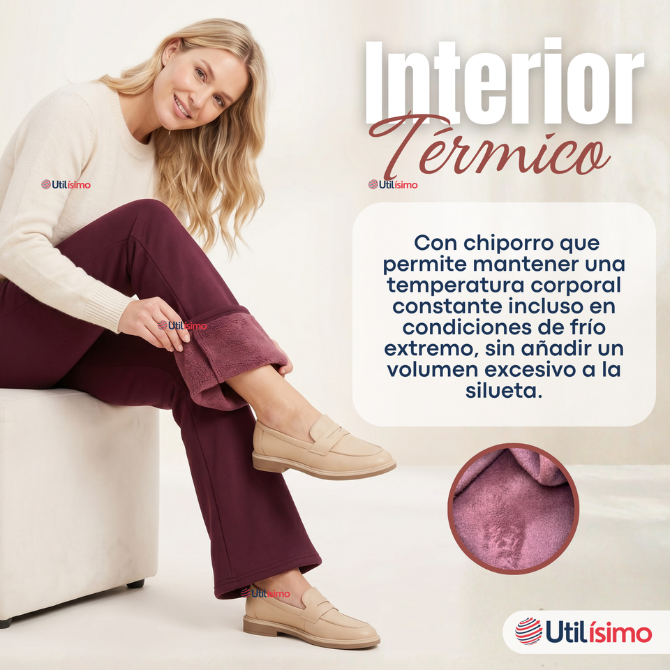 Calza Polar Con Chiporro Palazzo Mujer Elasticada Térmica Burdeo