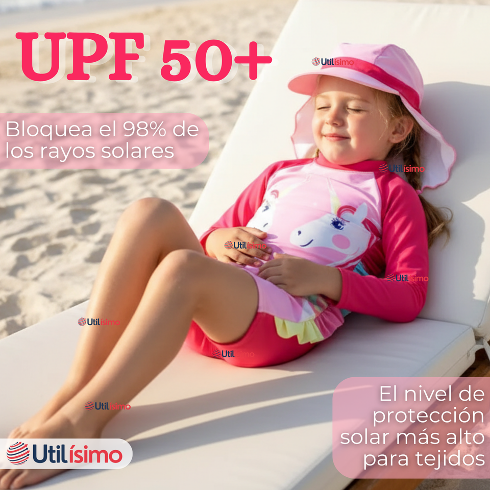 Traje de Baño Enterito Cremallera Manga Larga Con Gorro Niña 1 a 5 años Pink Unicorn