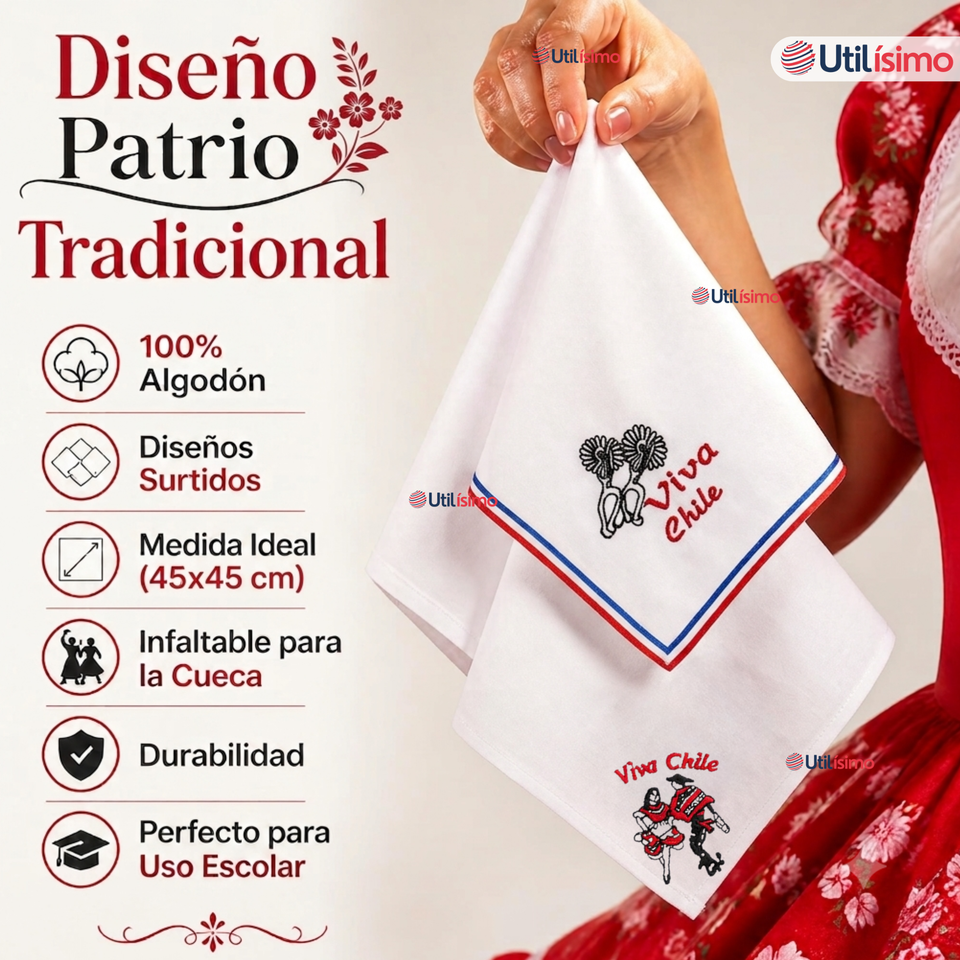 Pack 3 Pañuelos Baile Cueca 45cm Diseños Surtidos Algodón Fiestas Patrias