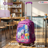 Mochila Escolar Con Ruedas + Estuche + Lonchera 46cm Desmontable Poliéster Morado Unicornio Niña