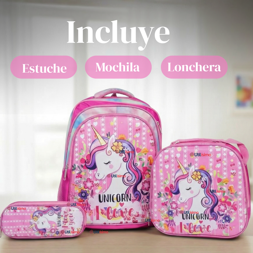 Mochila Bolso Escolar Diseño 3D + Estuche + Lonchera 40Cm Niña Tela Oxford Unicorn Love