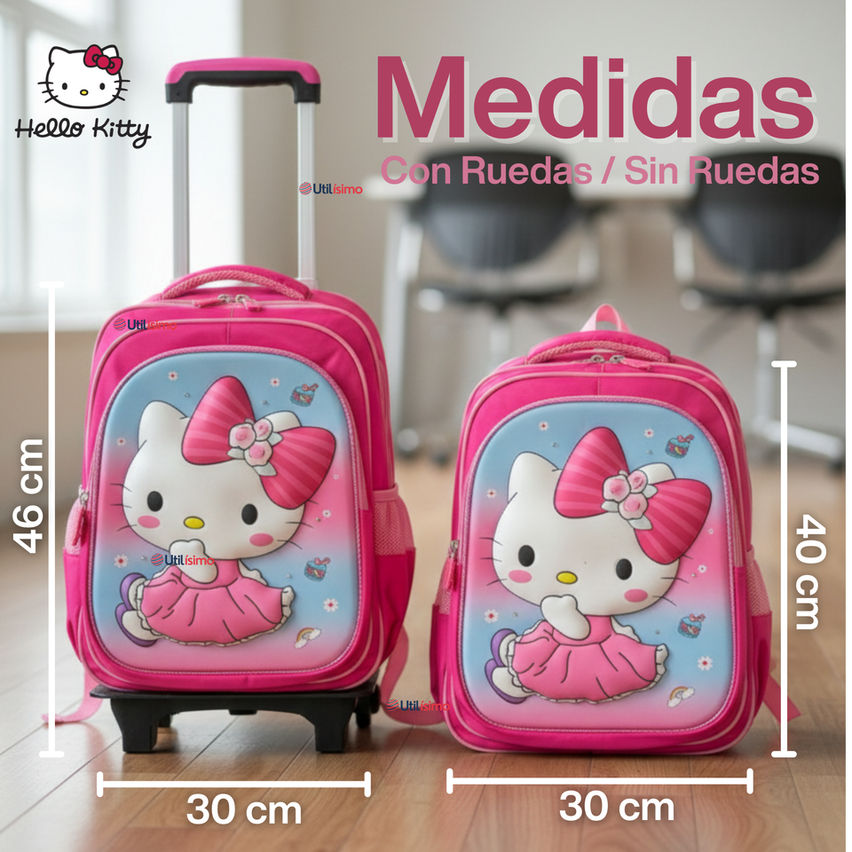 Mochila Escolar Hello Kitty Con Ruedas Desmontables + Estuche + Lonchera Niña Poliéster Pink