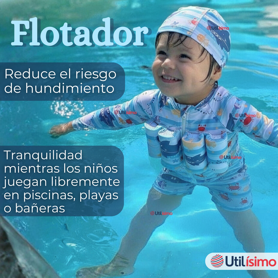 Traje de Baño Flotador Enterito Con Gorro Niño 2 Piezas 9 a 36 Meses Blue Sea
