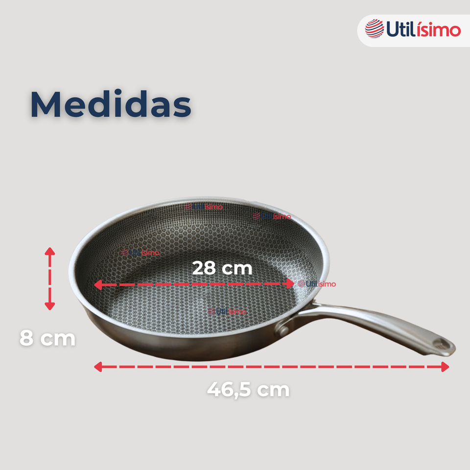 Sartén Acero Inoxidable Antiadherente 28cm +Cuchara de Madera de Bambú