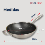 Sartén Wok Acero Inoxidable Antiadherente 34cm +Cuchara de Madera Bambú